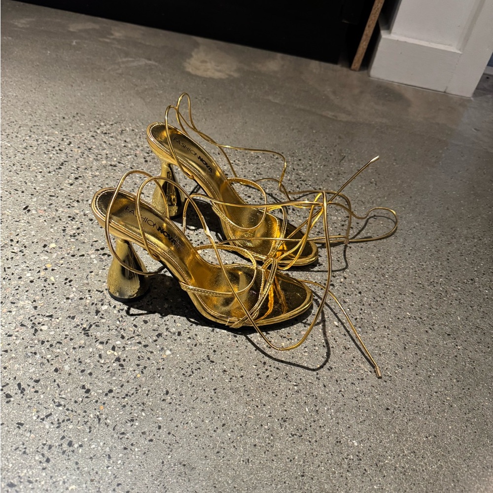 Strappy Metallic Gold Heels - Picture 2 of 5